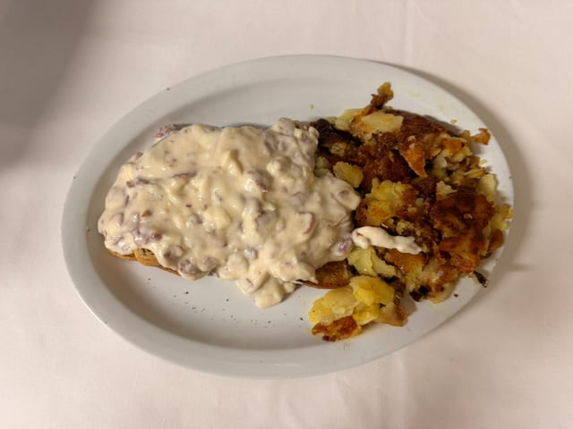 Creamed Chipped Beef on Toast with Home Fries.